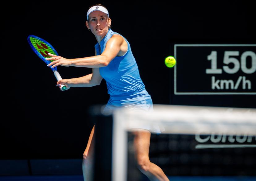 Belgian Elise Mertens pictured in action during a doubles tennis match between Belgian-Chinese pair Mertens-Zhang and Kazakh/Serbian pair Danilina/Krunic, in the final of the women doubles at the Australian Open, Melbourne Park, Melbourne on Saturday 31 January 2026. BELGA PHOTO PATRICK HAMILTON --- BENELUX ONLY ---