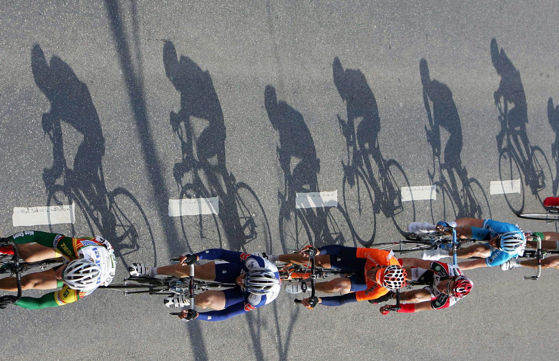 20060406 - HORNU, BELGIUM : Illustration picture shows the shadow of cyclists in action during the Grand Prix Pino Cerami cycling race in Hornu, Thursday 06 April 2006. Dutch Sebastiaan Langeveld of Skil-Shimano won the race. BELGA PHOTO ERIC LALMAND