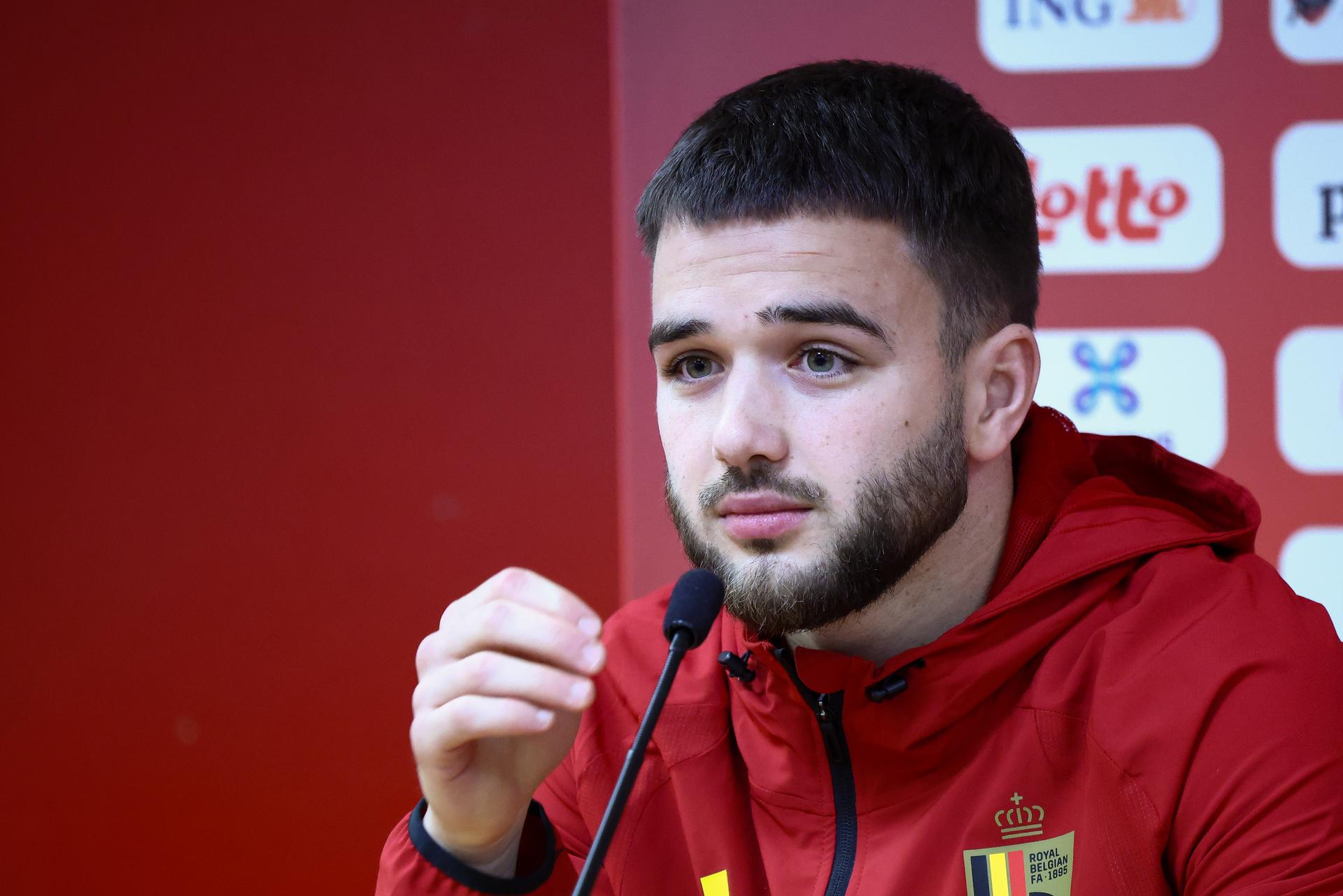 Belgium's Nicolas Raskin pictured during a press conference of the Red Devils, the Belgian national soccer team, in Liege on Monday 17 November 2025. The team is preparing for its last World Cup 2026 qualification match against Liechtenstein tomorrow. BELGA PHOTO BRUNO FAHY