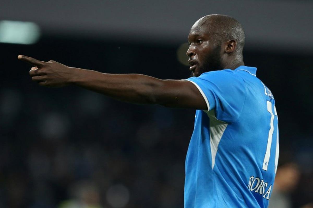 Napoli's Belgian forward #11 Romelu Lukaku celebrates after scoring a goal during the Italian Serie A football match between Napoli and AC Milan at the Stadio Diego Armando Maradona in Naples, on March 30, 2025. CARLO HERMANN / AFP