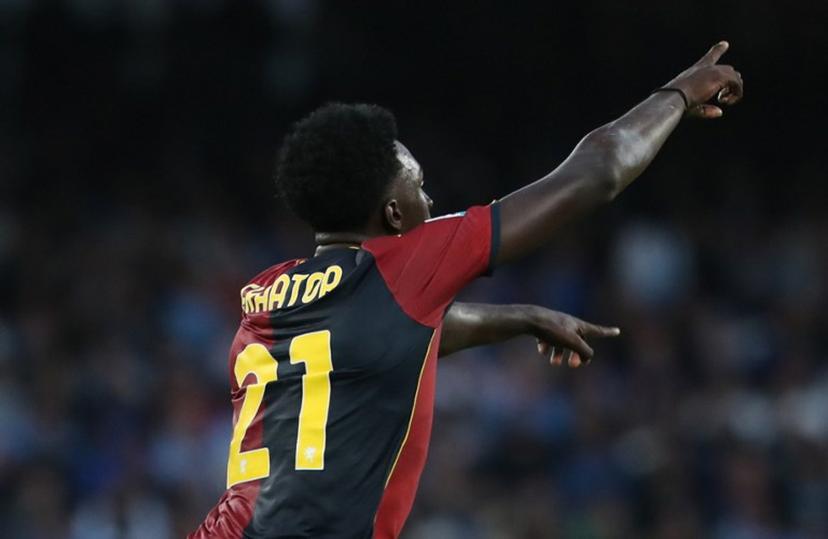 Genoa's Italian forward #21 Jeff Ekhator celebrates after scoring a goal during the Italian Serie A football match between SSC Napoli and Genoa CFC at the Diego Armando Maradona Stadium on October 5, 2025. CARLO HERMANN / AFP