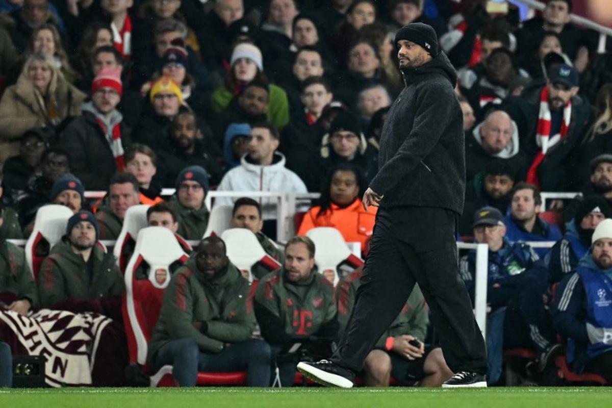 Bayern Munich's Belgian head coach Vincent Kompany reacts during the UEFA Champions League league phase football match between Arsenal and Bayern Munich at the Emirates Stadium in north London on November 26, 2025. Ben STANSALL / AFP