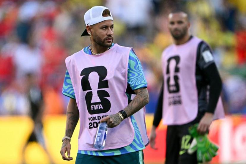 Brazil's forward #10 Neymar looks on during halftime of the 2026 World Cup Group C football match between Brazil and Morocco at the New York/New Jersey Stadium in East Rutherford on June 13, 2026. Mauro PIMENTEL / AFP