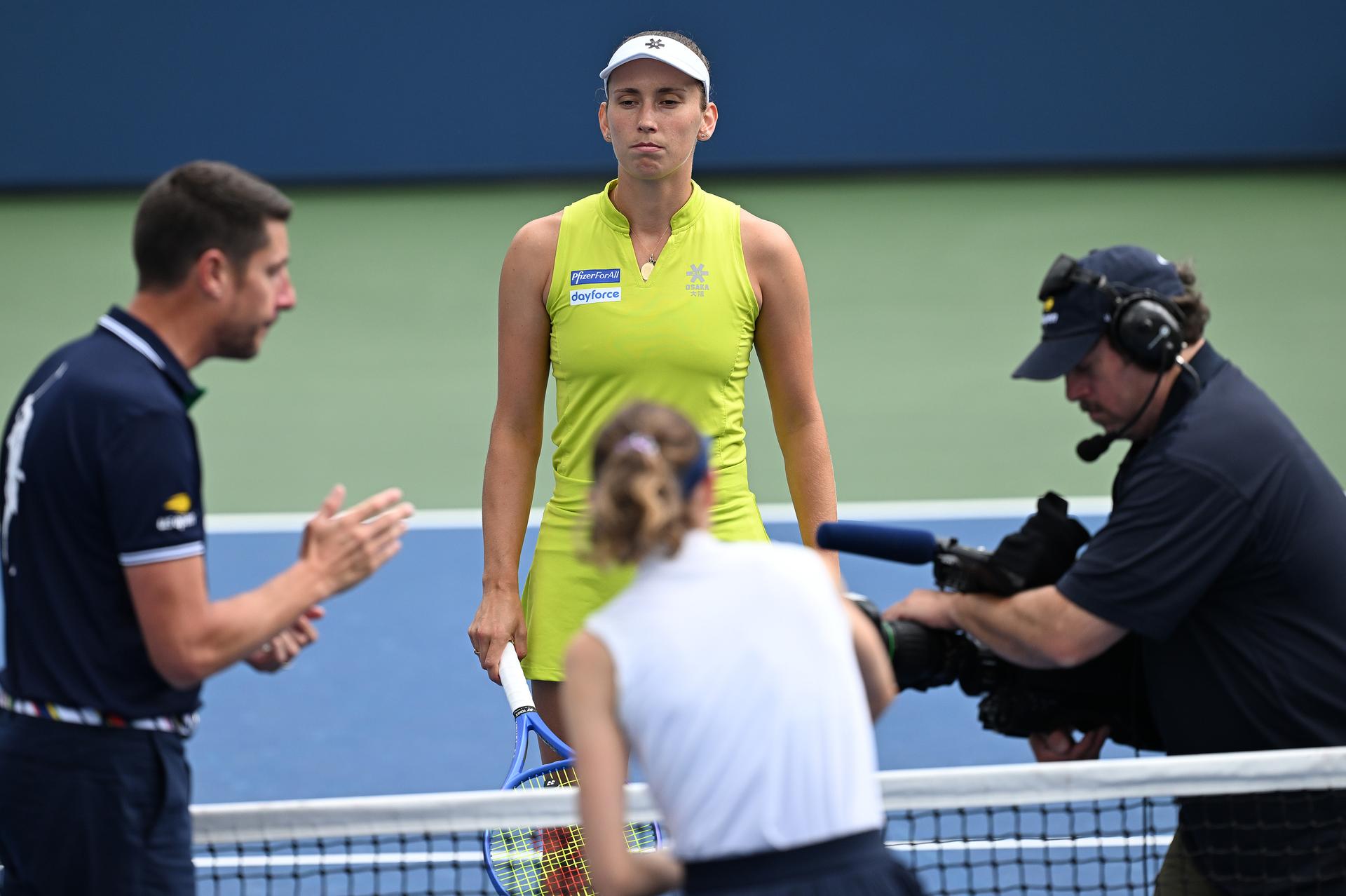 Belgian Elise Mertens pictured in action during a tennis match against Spanish Bucsa, in the third round of the women's singles of the 2025 US Open Grand Slam tennis tournament in New York City, USA, Friday 29 August 2025. BELGA PHOTO TONY BEHAR