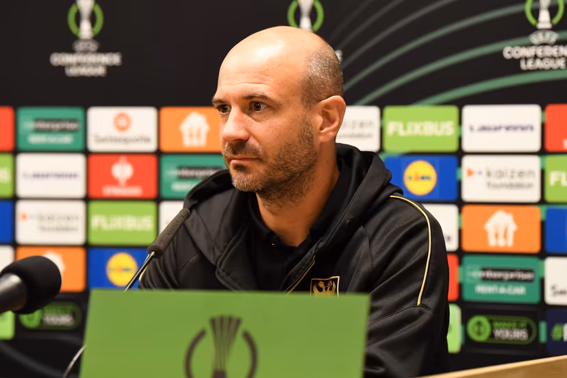 STVV's head coach Frederic De Meyer pictured during a press conference of Belgian soccer team Sint-Truidense VV, Wednesday 14 October 2026 in Sint-Truiden. The team is preparing for the opening match of the UEFA Conference League league phase against Georgian FC Iberia 1999 Tbilisi tomorrow. BELGA PHOTO JILL DELSAUX