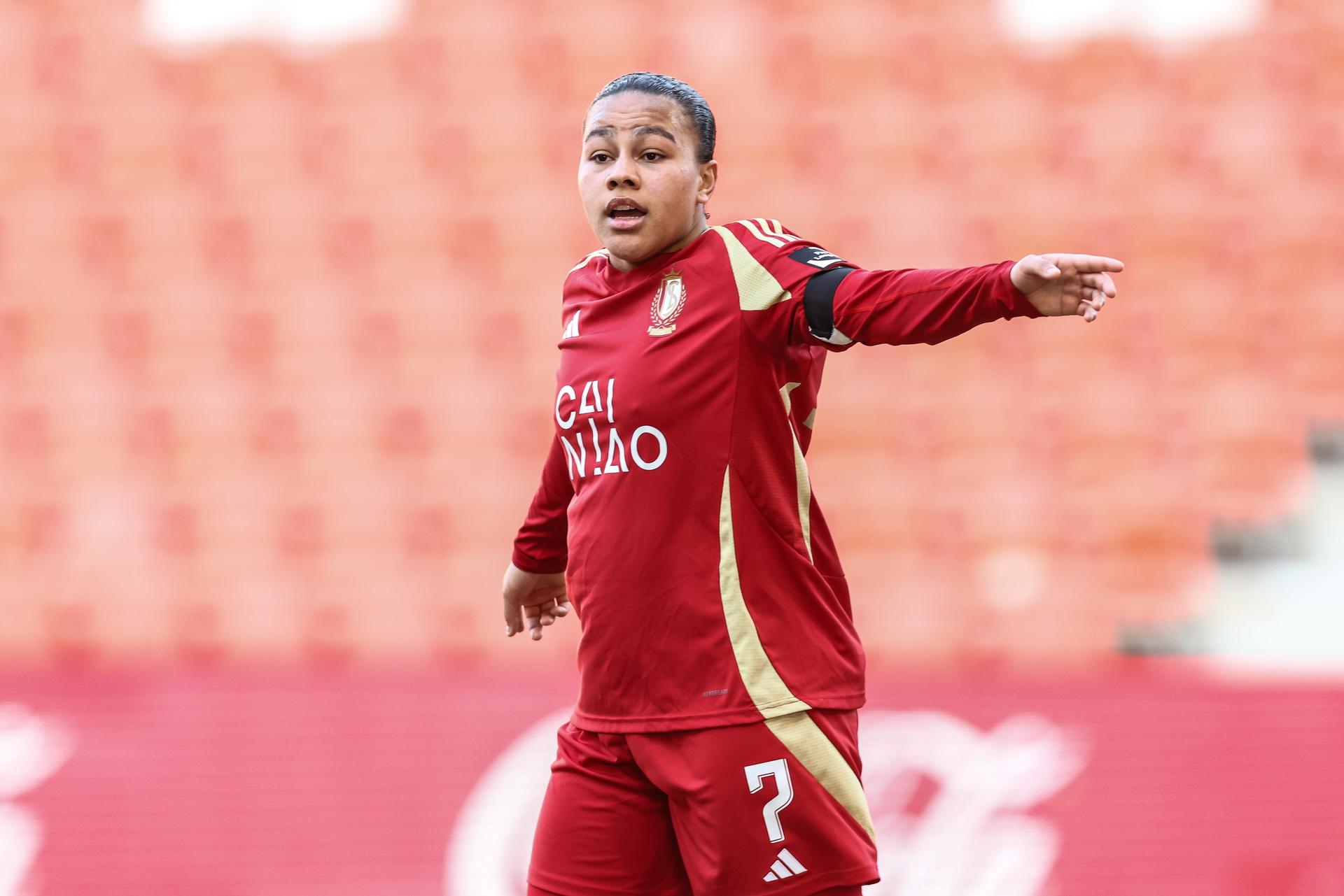 Standard Mariam Toloba reacts during a female soccer game between Standard Femina and RSCA Women, Saturday 08 March 2025 in Liege, on day 18 of the 2024 - 2025 season of Belgian Lotto Womens Super League. BELGA PHOTO BRUNO FAHY