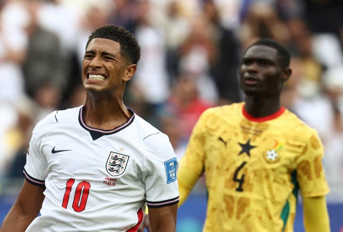 England's midfielder #10 Jude Bellingham reacts during the 2026 World Cup Group L football match between England and Ghana at the Boston Stadium in Foxborough on June 23, 2026. FRANCK FIFE / AFP