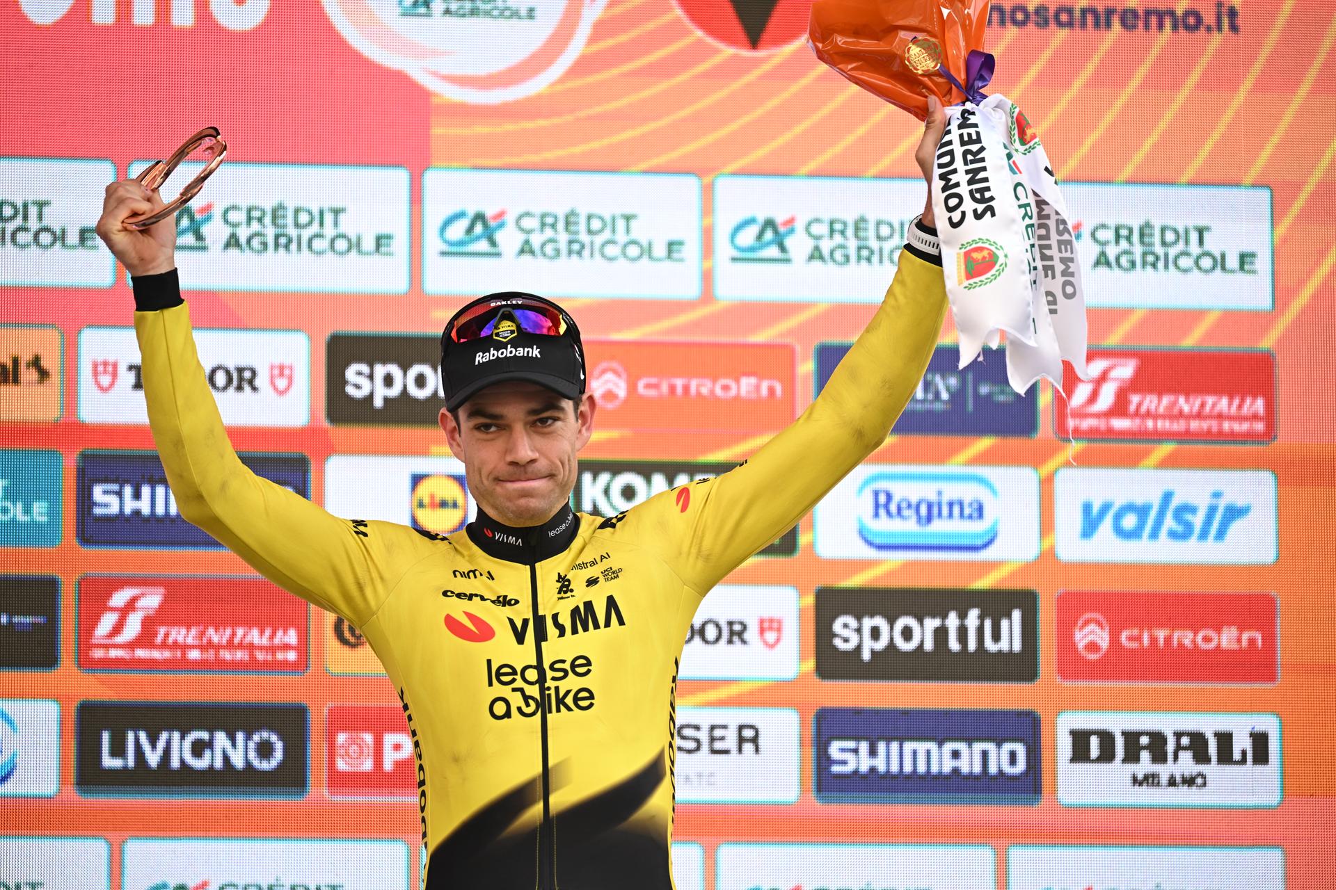 Belgian Wout van Aert pictured on the podium after the 'Milano-Sanremo' one day cycling race for men, 298km from Milan to San Remo, Italy, Saturday 21 March 2026. BELGA PHOTO DAVID PINTENS