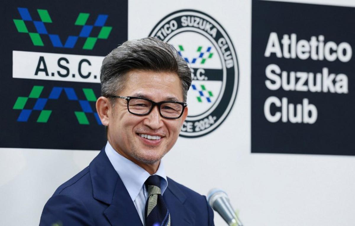 Former Japan international Kazuyoshi Miura holds a press conference to announce his joining Atletico Suzuka on a temporary transfer at the National Stadium in Tokyo on June 25, 2024. STR / AFP