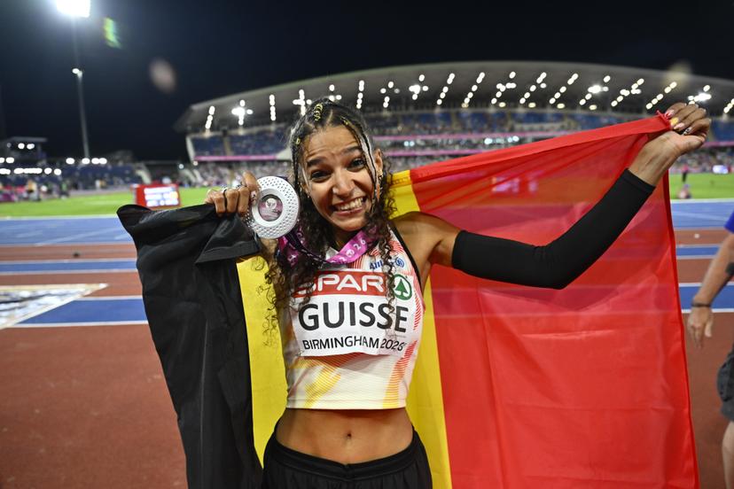 Belgian Saliyya Guisse reacts after winning the silver medal in the women's triple jump event on the fourth day of the European Athletics Championships (August 10-18) in Birmingham, United Kingdom, on Thursday 13 August 2026. BELGA PHOTO ERIC LALMAND