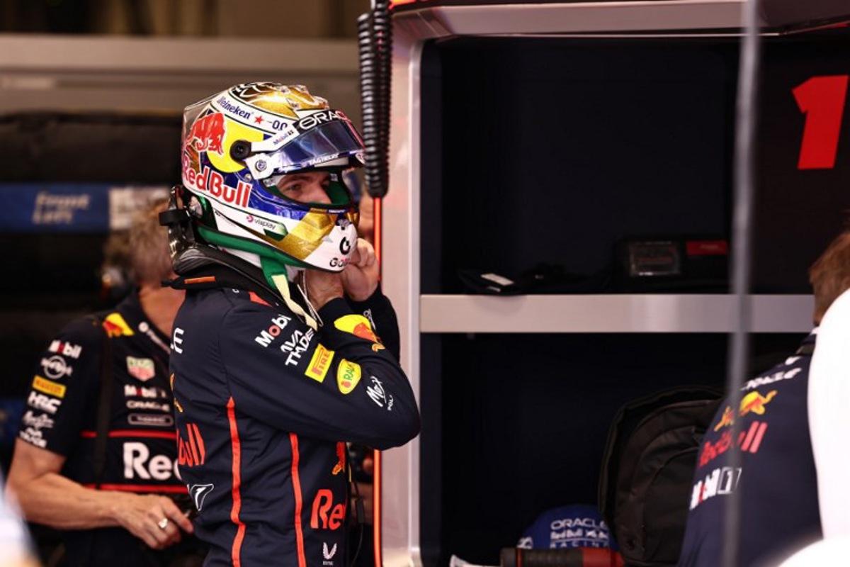 Red Bull Racing's Dutch driver Max Verstappen gestures in the garage during the qualifying session of the Sao Paulo Formula One Grand Prix at the Jose Carlos Pace racetrack, aka Interlagos, in Sao Paulo, Brazil on November 8, 2025. JEAN CARNIEL / POOL / AFP