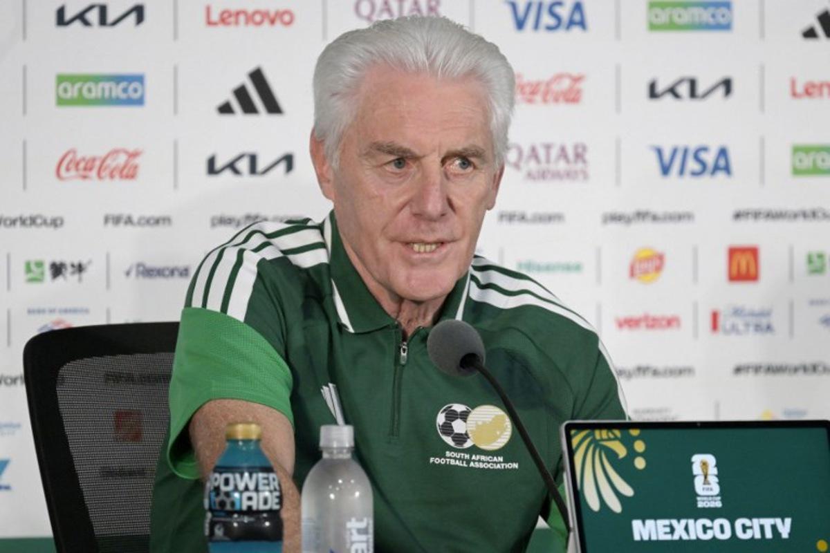 South Africa's Belgian head coach Hugo Broos gives a press conference at the Mexico City Stadium in Mexico City on June 10, 2026, on the eve of the 2026 World Cup football match between Mexico and South Africa. Alfredo ESTRELLA / AFP