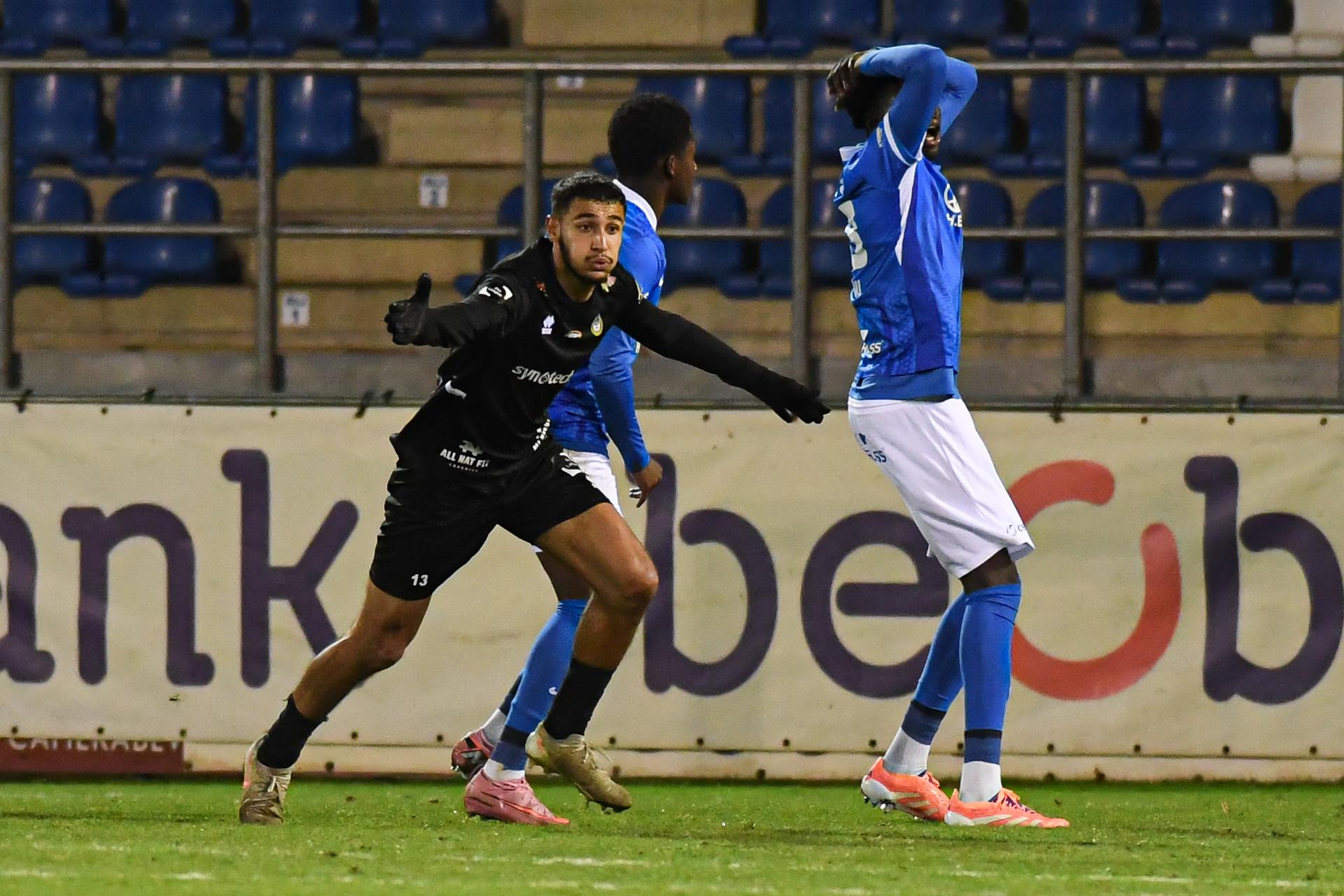Olympic's Mohamed Medfai celebrates after scoring during a soccer game between Jong Genk and Royal Olympic Charleroi, Sunday 30 November 2025 in Geel, on day 15 of the 2025-2026 'Challenger Pro League' 1B second division of the Belgian championship. BELGA PHOTO JILL DELSAUX