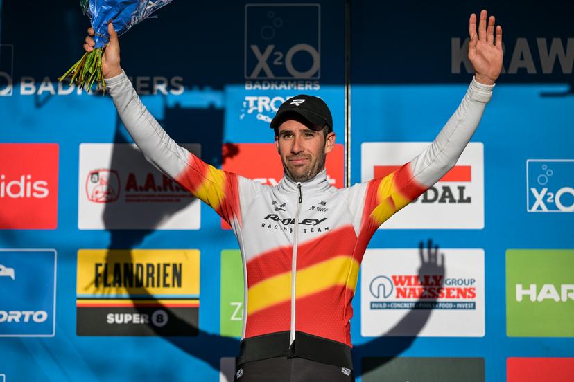 Spanish Felipe Orts Lloret pictured on the podium after the men's elite race of the Krawatencross cyclocross in Lille, the seventh stage (out of 8) in the X2O Badkamers Trofee competition, on Sunday 08 February 2026. BELGA PHOTO DAVID PINTENS