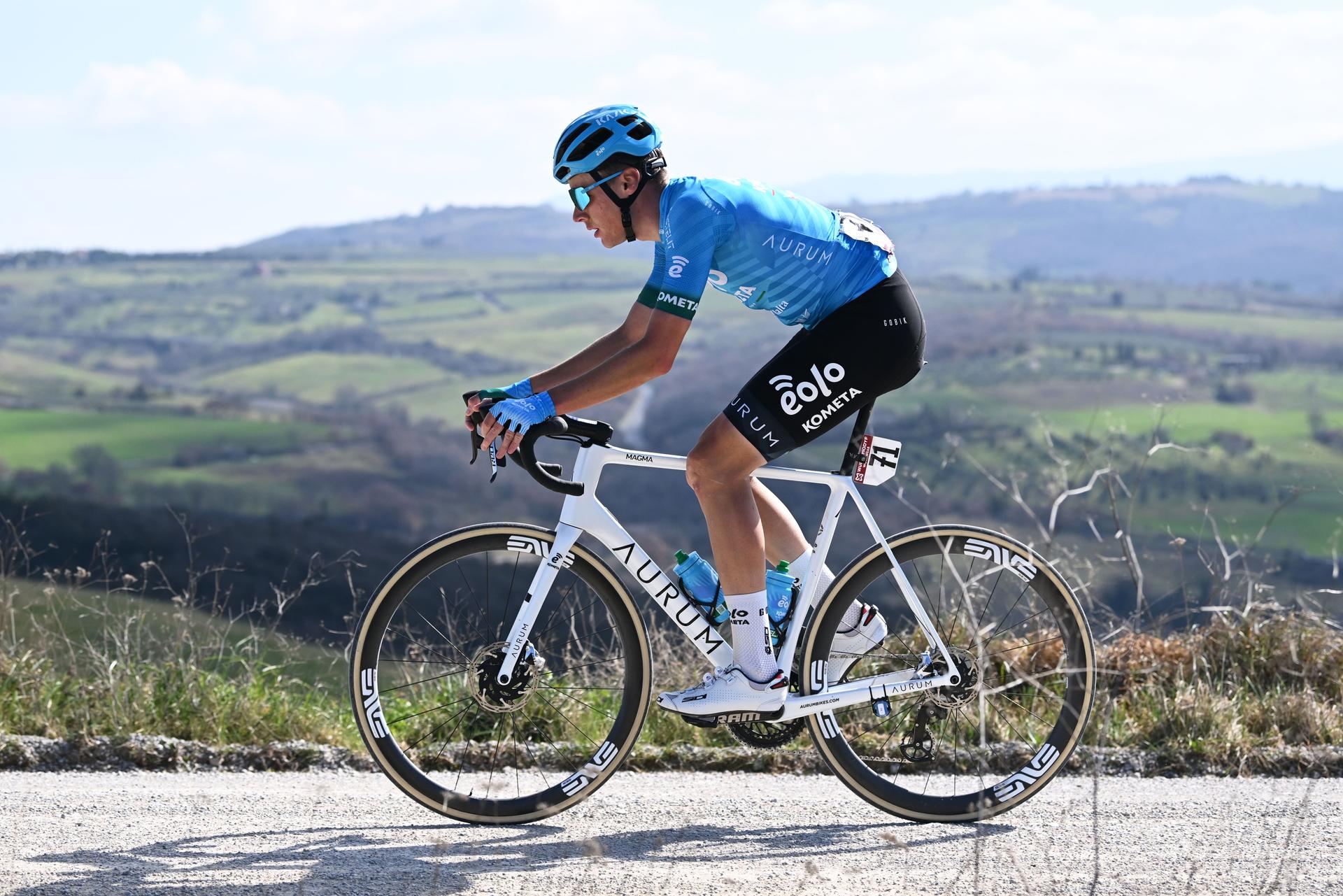 Hungarian Erik Fetter of Eolo-Kometa pictured in action during the men's elite race of the 'Strade Bianche' one day cycling race (184km) from and to Siena, Italy, Saturday 04 March 2023. BELGA PHOTO DIRK WAEM