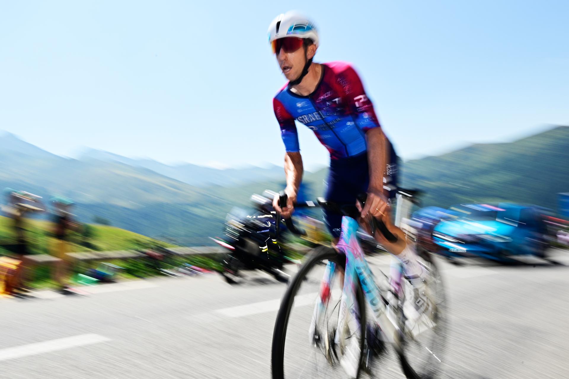 Canadian Michael Woods of Israel-Premier Tech pictured in action during stage 13 of the 2025 Tour de France cycling race, an 11km individual time trial from Loudenvielle to Peyragudes, on Friday 18 July 2025 in France. The 112th edition of the Tour de France starts on Saturday 5 July in Lille, France, and will finish in Paris, France on the 27th of July. BELGA PHOTO DIRK WAEM