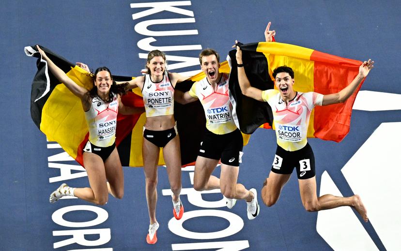Belgian athlete Ilana Hanssens, Belgian Helena Ponette, Belgian Julien Watrin, Belgian Jonathan Sacoor, celebrate after winning the 4x400m mixed relay, at and the second day of the World Athletics Indoor Championship in Torun, Poland on Saturday 21 March 2026. The championships take place from 20 to 22 March. BELGA PHOTO JASPER JACOBS