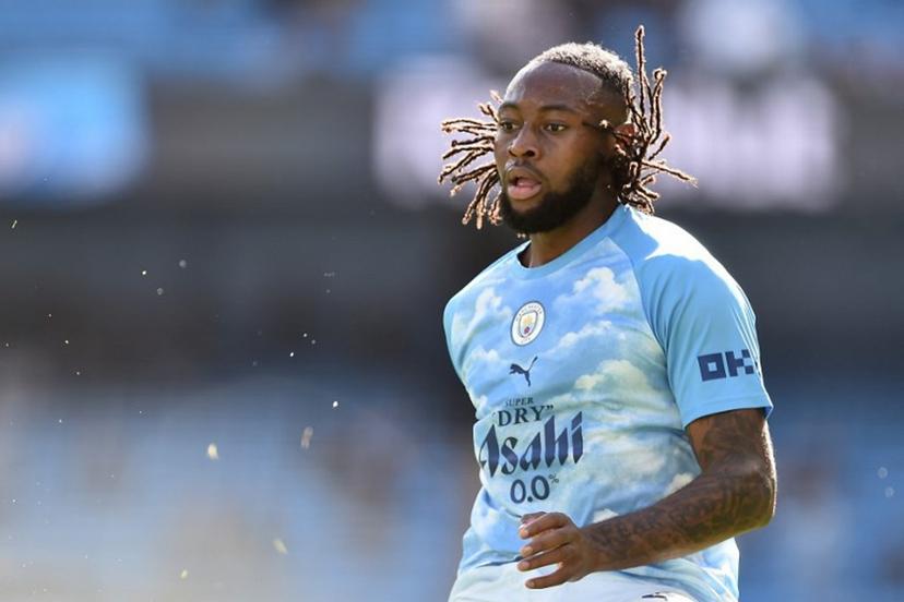 Manchester City's Ghanaian midfielder #42 Antoine Semenyo warms up ahead of the English Premier League football match between Manchester City and Sunderland at the Etihad Stadium in Manchester, north west England, on September 20, 2026. PETER POWELL / AFP