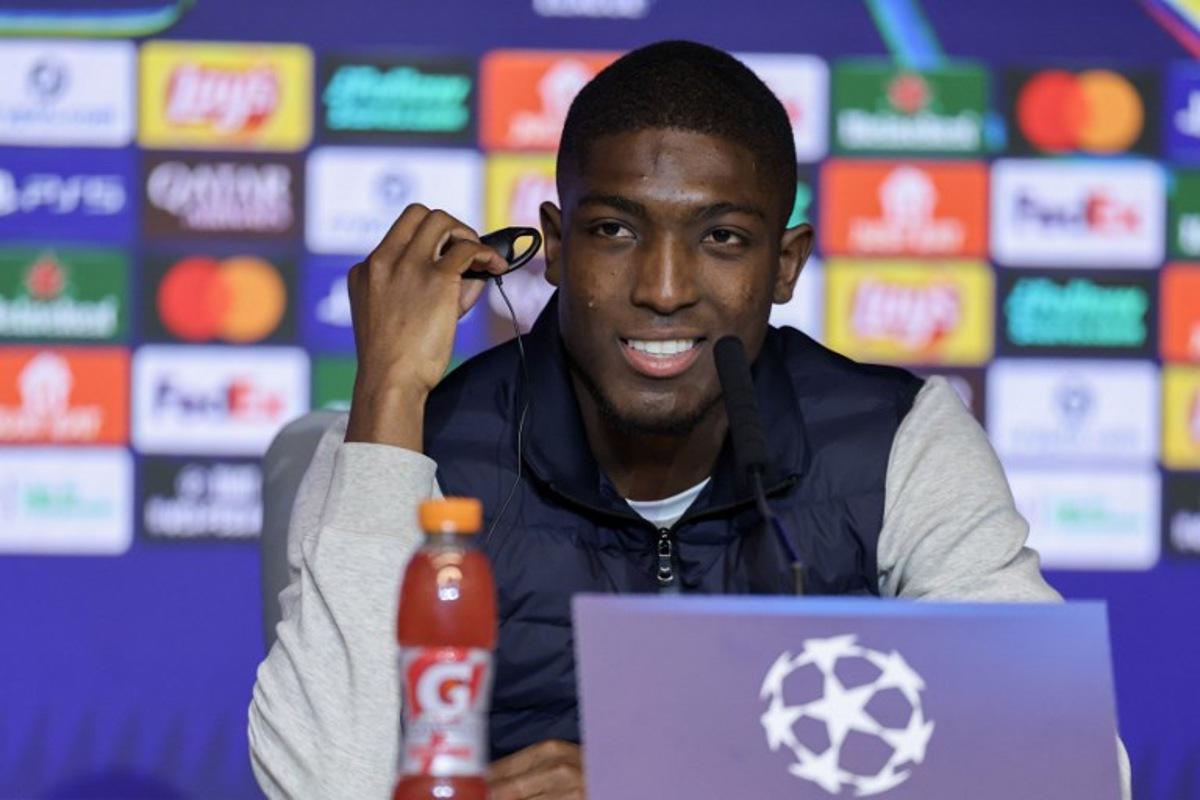 Club Brugge's Ecuadorian defender #04 Joel Ordonez gives a press conference on the eve of their UEFA Champions League knockout round play-off second leg football match against Club Atletico de Madrid at the Metropolitano Stadium in Madrid on February 23, 2026. Thomas COEX / AFP