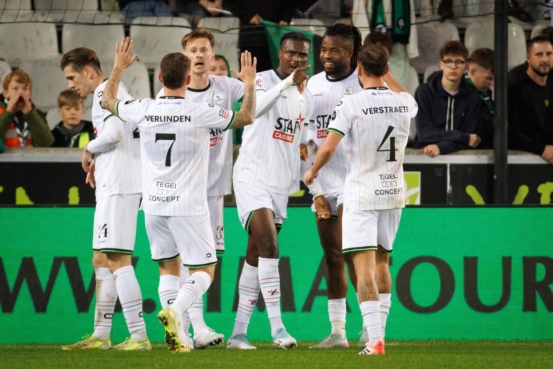 OHL's Sory Kaba celebrates after scoring during a soccer match between Cercle Brugge and Oud-Heverlee Leuven, Saturday 08 November 2025 in Brugge, on day 14 of the 2025-2026 'Jupiler Pro League' first division of the Belgian championship. BELGA PHOTO KURT DESPLENTER