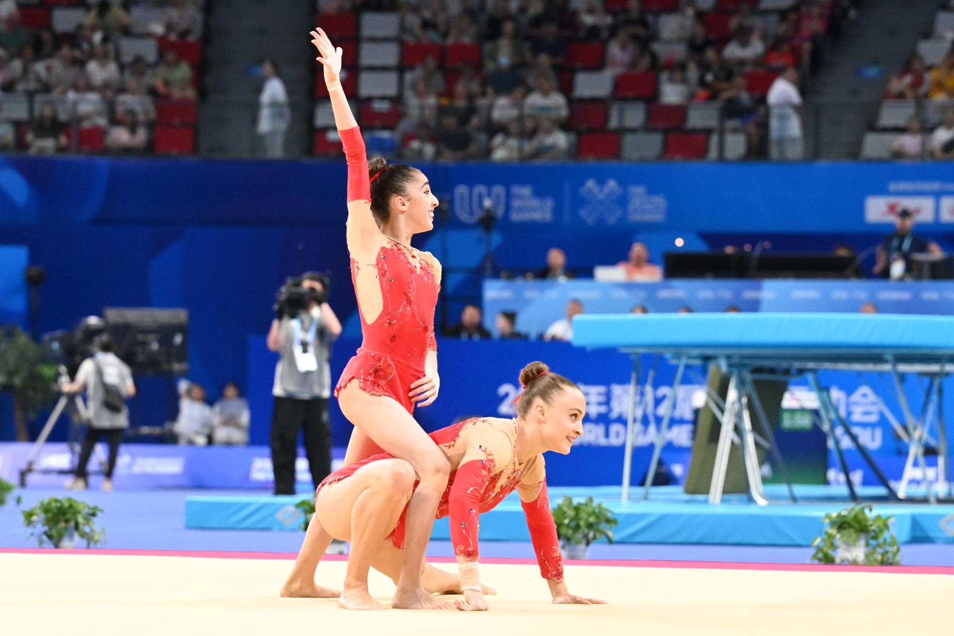 ATTENTION EDITORS - HANDOUT PICTURE - EDITORIAL USE ONLY - MANDATORY CREDIT BOIC - COIB - Belgian Maysae Bouhouch and Silke Macharis pictured in action during the Women pair Acrobatic Gymnastics at the World Games 2025, in Chenghdu, China, on Friday 8 August 2025. This year, the World Games take place from 07 to 17 augustus. PHOTO HANDOUT BOIC-COIB - ANGIE BLAND