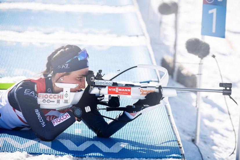 Italy's Rebecca Passler shoots during the women's 7.5-km sprint of the IBU Biathlon World Cup at Soldier Hollow Nordic Center in Midway, Utah, on March 8, 2024. Isaac HALE / AFP