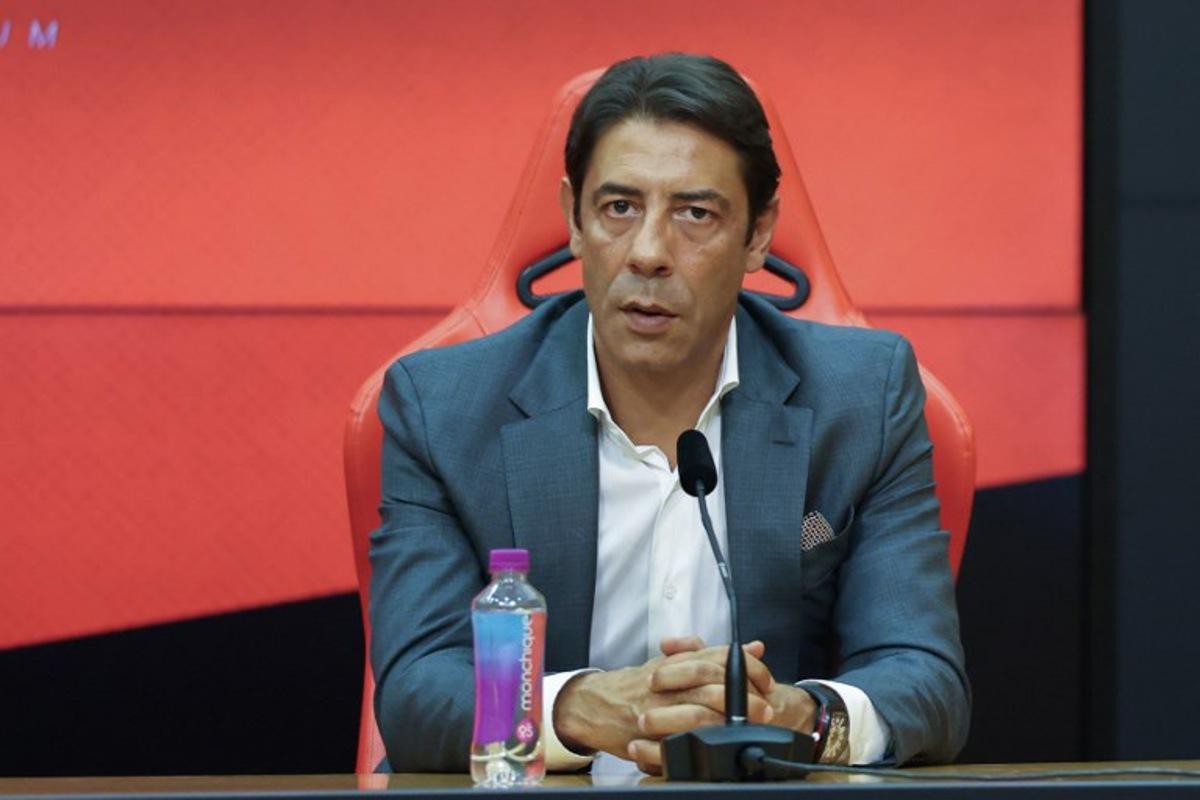 Benfica president Rui Costa looks on during a press conference of the official presentation of new Benfica coach Jose Mourinho at the Benfica Campus training center in Seixal, on the outskirts of Lisbon, on September 18, 2025. Benfica sacked Portuguese coach Bruno Lage following their defeat to Qarabag on September 16, 2025 evening in the Champions League, and contacted Jose Mourinho the next day to hire him. PATRICIA DE MELO MOREIRA / AFP
