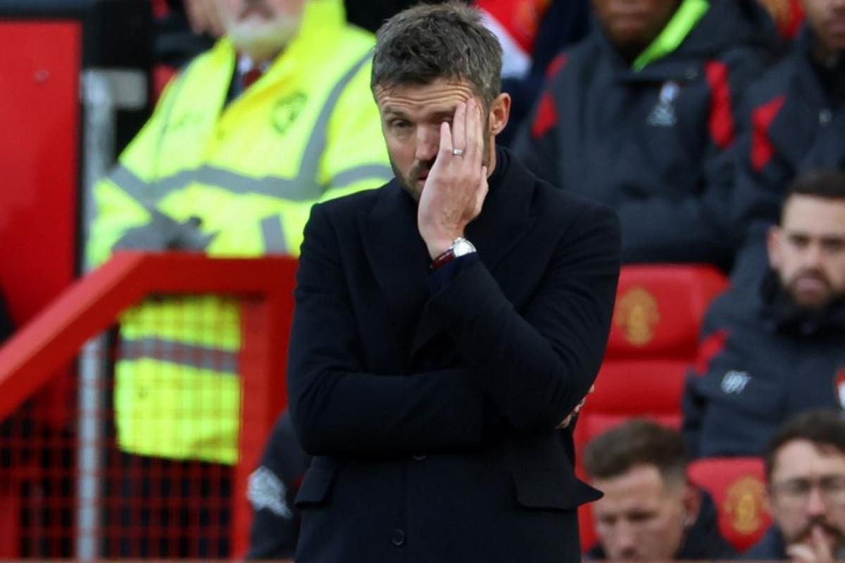 Manchester United's English head coach Michael Carrick gestures on the touchline during the English Premier League football match between Manchester United and Bournemouth at Old Trafford in Manchester, north west England, on October 25, 2026. Darren Staples / AFP