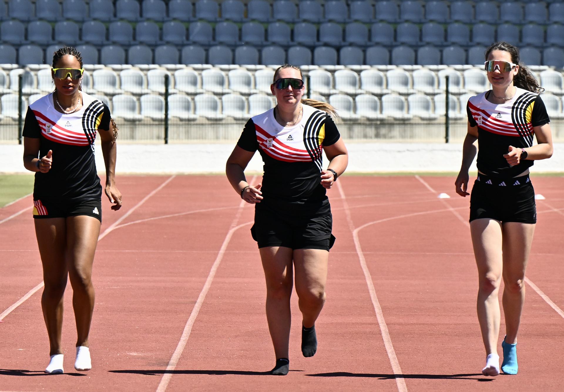 Athlete Jienity de Kler, Athlete Kelly Van Petegem and Athlete Xanthe Van Driessche pictured during the annual training camp of Team Belgium (19-25/05), in Rio Maior, Portugal, Saturday 24 May 2025. BELGA PHOTO ERIC LALMAND