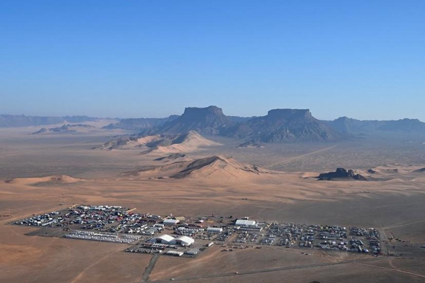 This aerial picture shows the bivouac in Al-Ula, Saudi Arabia, on the eve of the Dakar 2024 rally, on January 4, 2024. ERIC VARGIOLU / POOL / AFP
