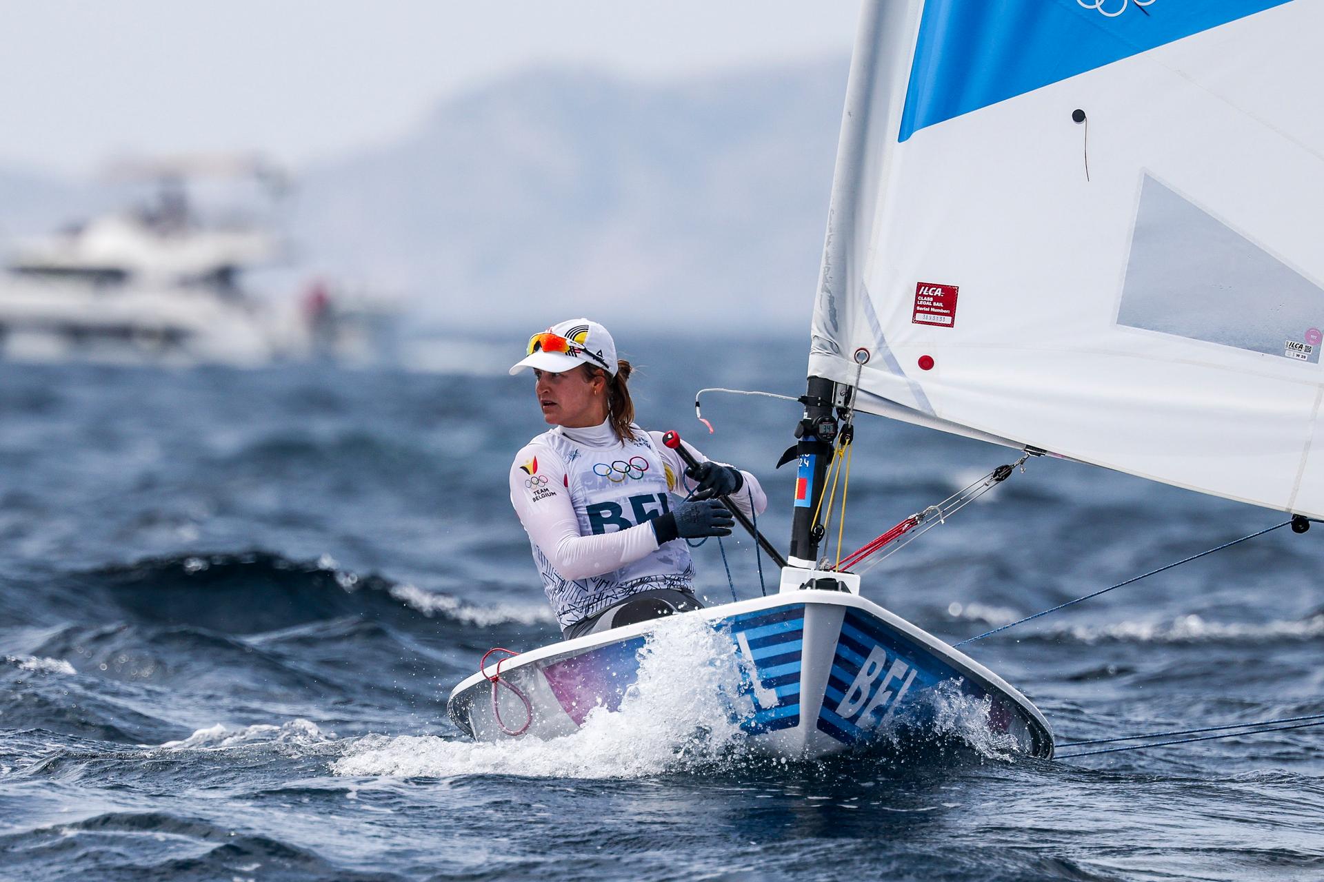 Emma PLASSCHAERT of Belgium in the Women's Dinghy medal race on day twelve of the Olympic Games Paris 2024 at Marseille Marina on August 07, 2024 in Marseille, France. (Photo by Johnny Fidelin/Icon Sport) *** BELGIUM ONLY ***