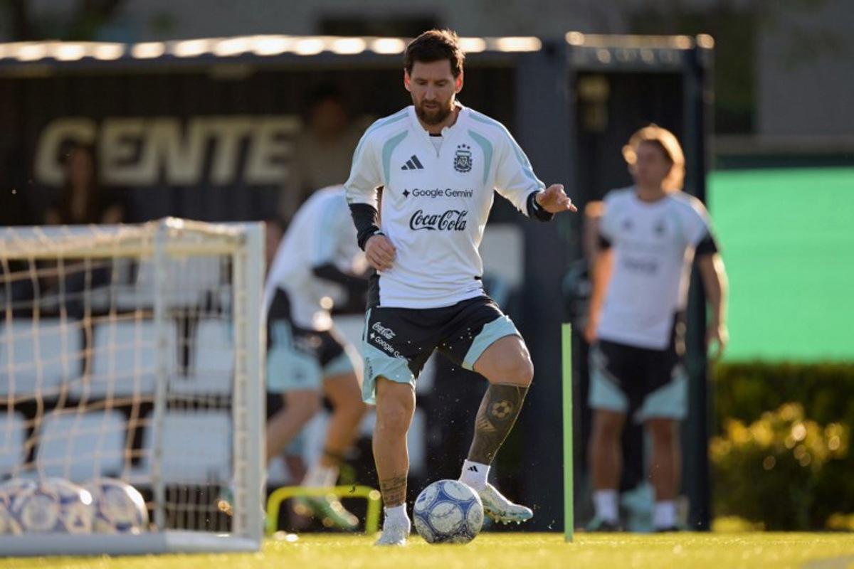Argentina's forward Lionel Messi controls the ball during a football training session at the Argentine Football Association (AFA) training camp in Ezeiza, Buenos Aires Province, on October 5, 2026, ahead of the friendly match against Benin. JUAN MABROMATA / AFP
