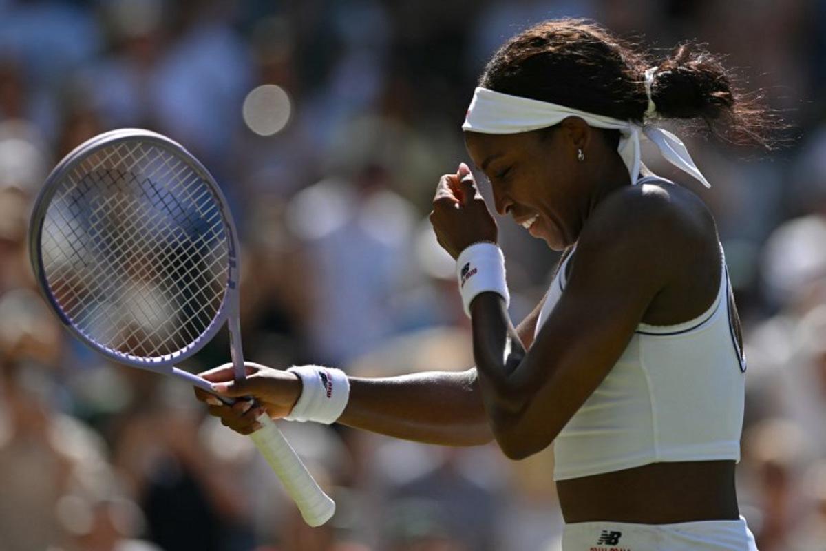 US player Coco Gauff celebrates winning against US player Jessica Pegula during their women's singles quarter-final tennis match on the ninth day of the 2026 Wimbledon Championships at The All England Lawn Tennis and Croquet Club in Wimbledon, southwest London, on July 7, 2026. Glyn KIRK / AFP