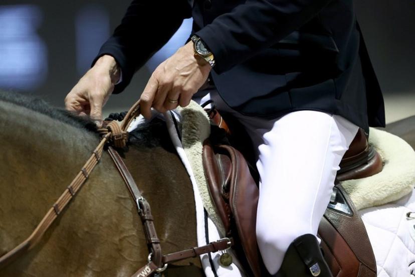 This photograph shows a rider holding his horse's reins during the FEI World Cup Jumping event at the Parc des Expositions in Bordeaux, south-western France, on February 8, 2025. ROMAIN PERROCHEAU / AFP