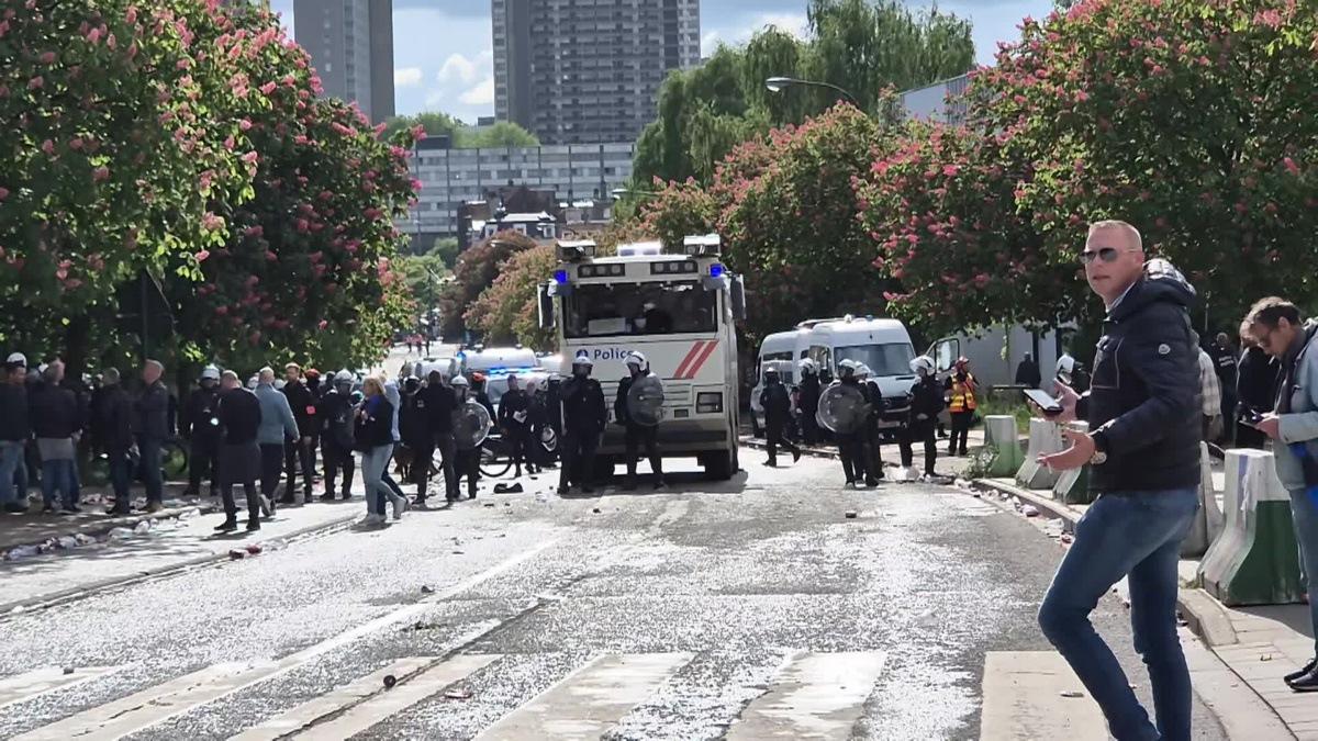 Video showing riot police outside the stadium at the final of the 'Croky Cup' Belgian soccer cup, between Club Brugge and RSC Anderlecht, Sunday 04 May 2025. BELGA VIDEO HATIM KAGHAT