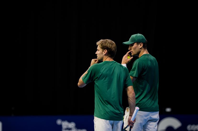 Belgian David Goffin and Belgian Raphael Collignon pictured in action during the European Open ATP tennis tournament in Brussels, on Monday 13 October 2025. This year's edition of the tournament is taking place from 12 to 19 October 2025. BELGA PHOTO JASPER JACOBS