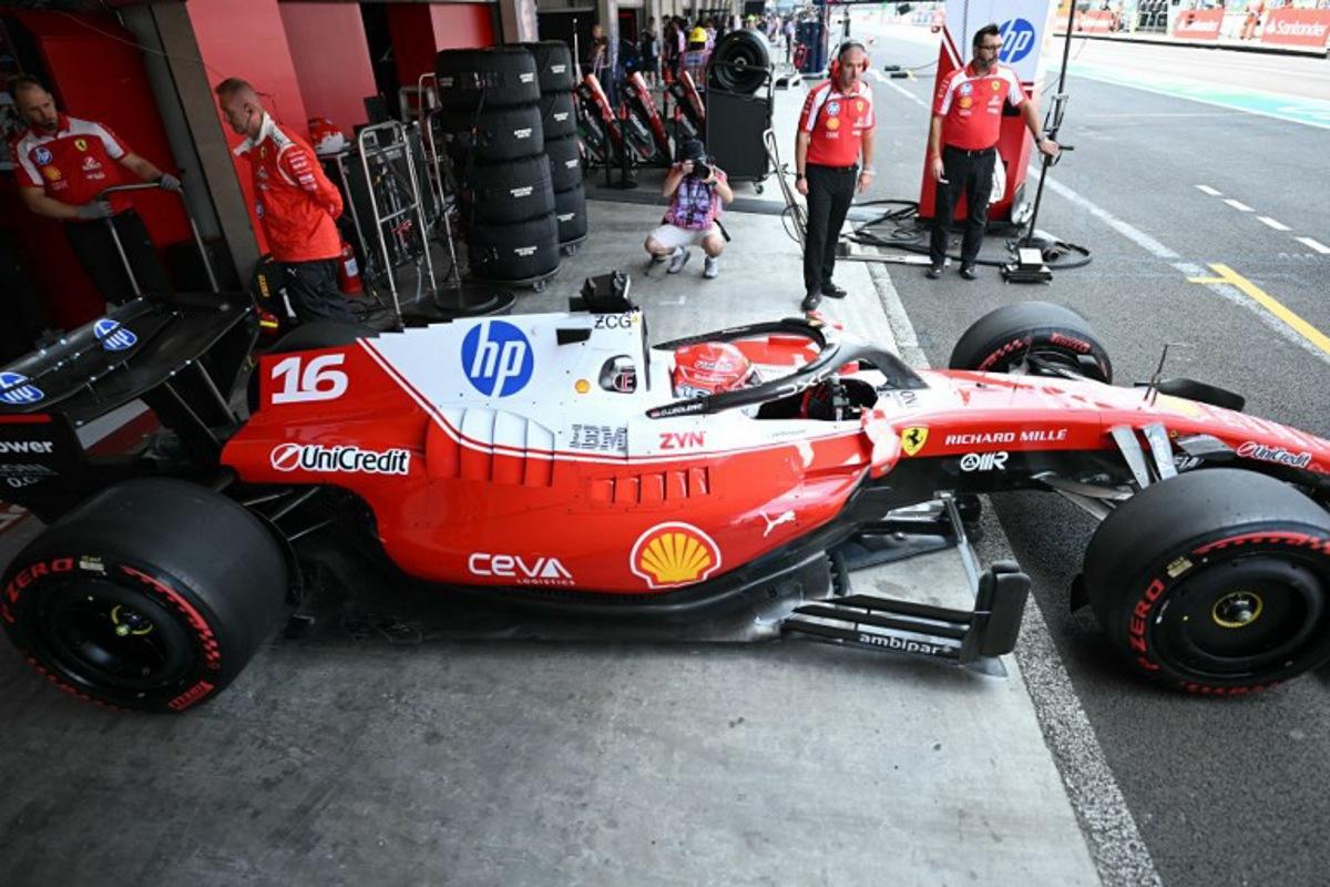 Ferrari's Monegasque driver Charles Leclerc leaves the garage during the first practice session of the Mexico City Formula One Grand Prix at the Hermanos Rodriguez racetrack in Mexico City on October 30, 2026. YURI CORTEZ / AFP