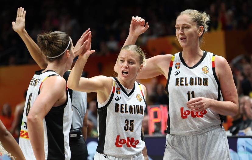 Belgium's Antonia Delaere; Belgium's Julie Vanloo and Belgium's Emma Meesseman celebrate after winning a basketball game between Belgian national team Belgian Cats and Australia, game 3 of the group phase at the FIBA Women's Basketball World Cup, on Monday 7 September 2026, in Berlin, Germany. The FIBA Women's Basketball World Cup takes place in Berlin from 4 to 23 September 2026. BELGA PHOTO VIRGINIE LEFOUR
