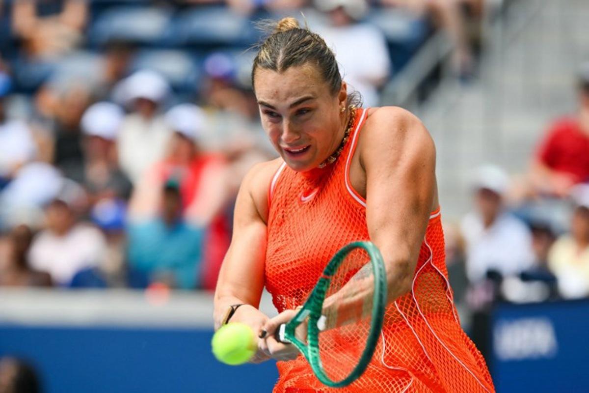 Belarus's Aryna Sabalenka hits a return to Uzbekistan's Kamilla Rakhimova during their women's singles third round tennis match on day six of the US Open tennis tournament at the USTA Billie Jean King National Tennis Center in New York City on September 4, 2026. ANGELA WEISS / AFP