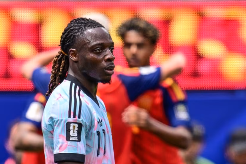 Belgium's forward #11 Jeremy Doku reacts after Spain's midfielder #08 Fabian Ruiz scores his team's first goal during the 2026 World Cup football tournament quarter-final match between Spain and Belgium at the Los Angeles Stadium in Inglewood on July 10, 2026. Frederic J. Brown / AFP