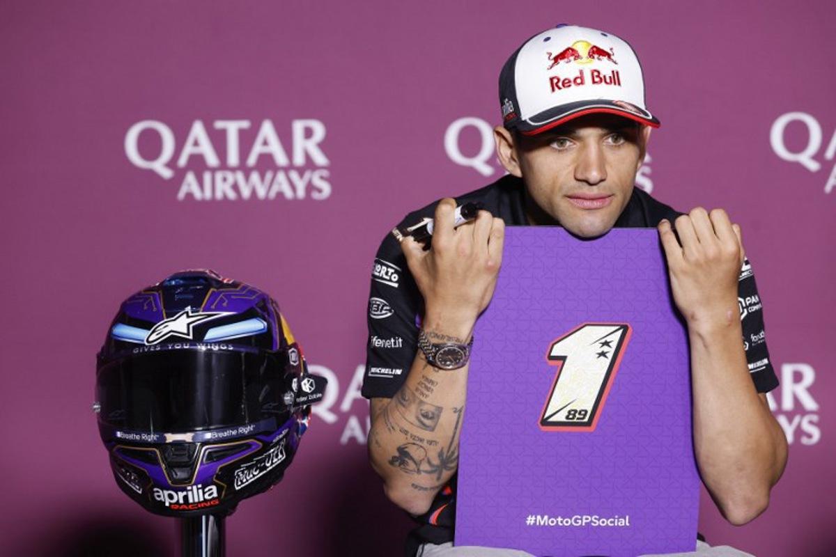 Prima Pramac Racing's Jorge Martin of Spain attends the press conference pre-event ahead of the Qatar MotoGP Grand Prix at the Lusail International Circuit in Lusail, north of Doha, on April 10, 2025. Karim JAAFAR / AFP