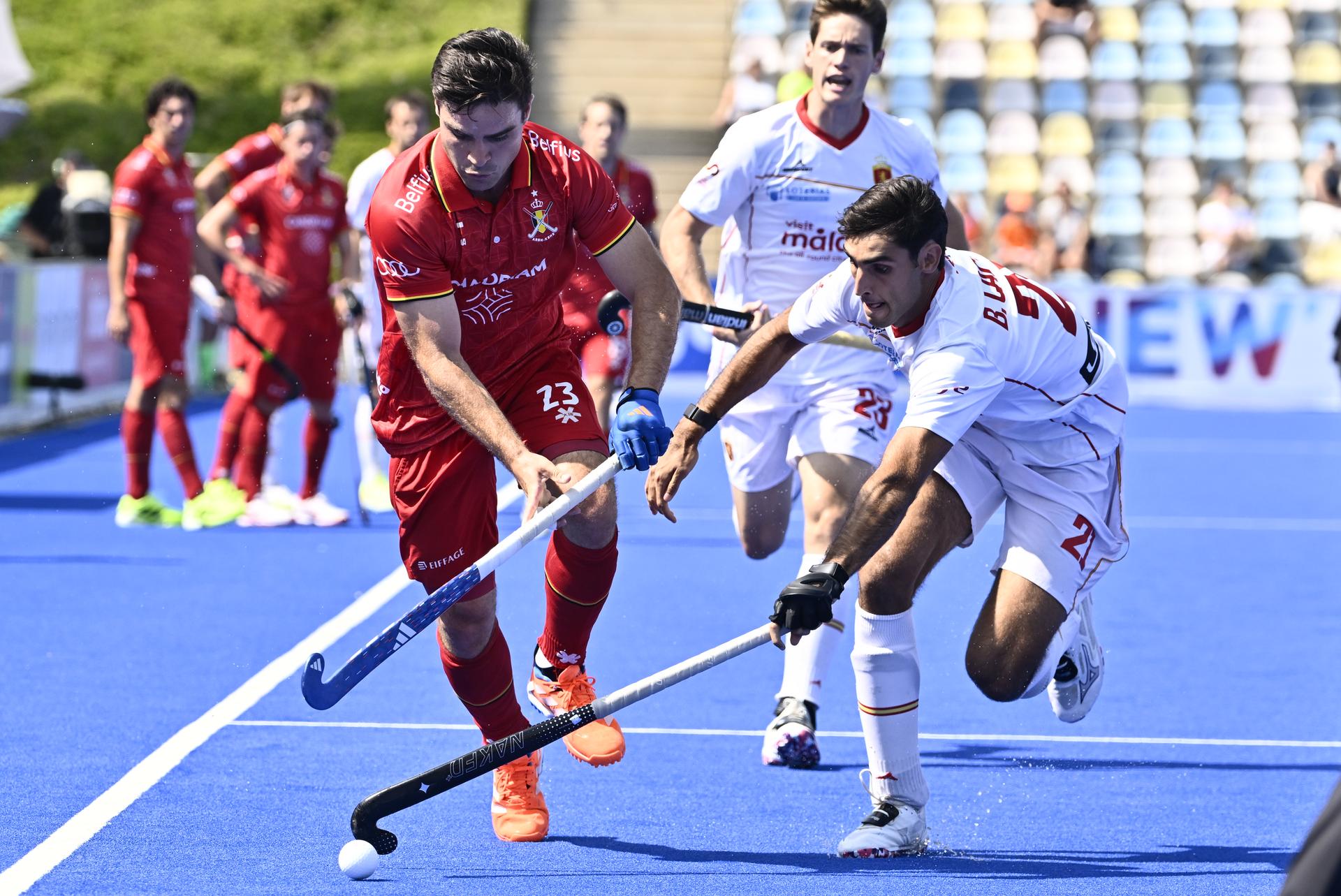 Belgium's Arthur de Sloover, pictured in action during and a hockey game between Spain and the Belgian national team Red Lions, match 3/3 in the pool stage of the 2025 men's European championships, Tuesday 12 August 2025 in Monchengladbach, Germany. BELGA PHOTO ERIC LALMAND