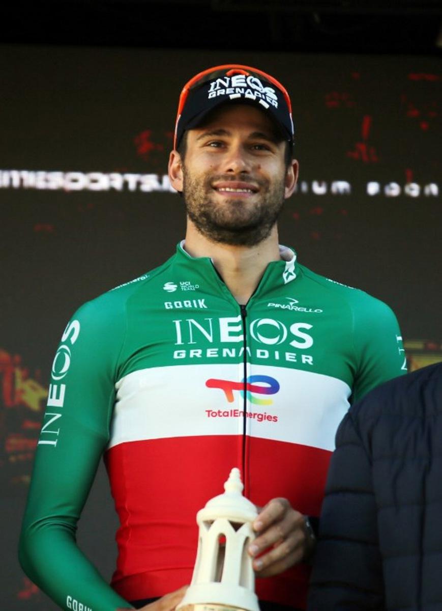 INEOS Grenadiers Italian cyclist Filippo Ganna celebrates on the podium after winning the stage 3 of the Algarve Tour, a time trial run in Vilamoura on February 20, 2026. João Matos / AFP