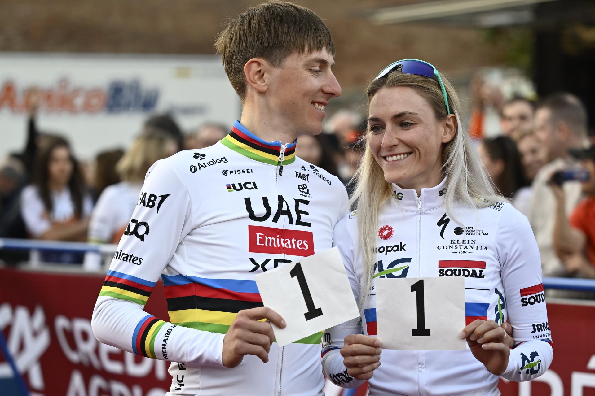 Slovenian Tadej Pogacar of UAE Team Emirates, Slovenian Urska Zigart of AG Insurance-Soudal Team and pictured during the team presentation for tomorrow's 'Strade Bianche' one day cycling race from and to Siena, Italy, . BELGA PHOTO DIRK WAEM