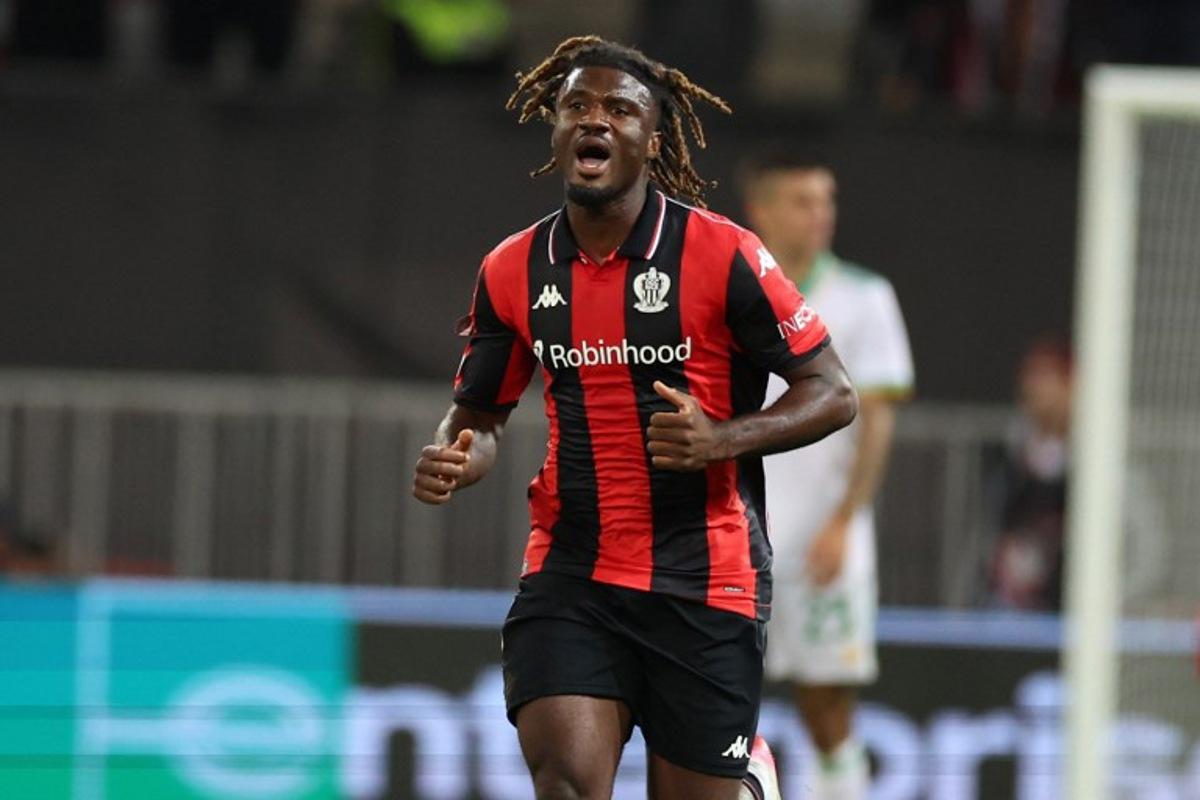 Nice's Nigerian forward #09 Terem Moffi celbrates after scoring a penalty during the UEFA Europa League 1st round day football match between OGC Nice and AS Rome at the Allianz Riviera Stadium in Nice, south-eastern France, on September 24, 2025. Valery HACHE / AFP