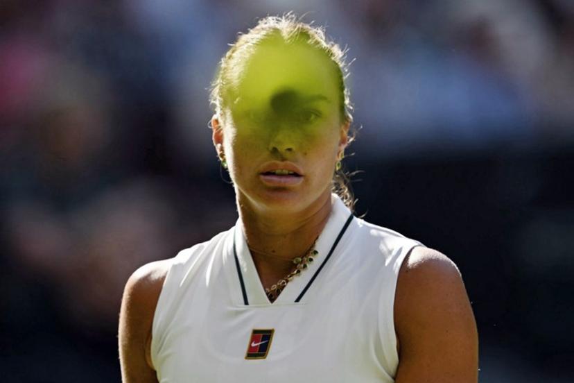 Belarus's Aryna Sabalenka looks at a ball as she plays against Latvia's Jelena Ostapenko during their women's singles third round tennis match on the fifth day of the 2026 Wimbledon Championships at The All England Lawn Tennis and Croquet Club in Wimbledon, southwest London, on July 3, 2026. Glyn KIRK / AFP