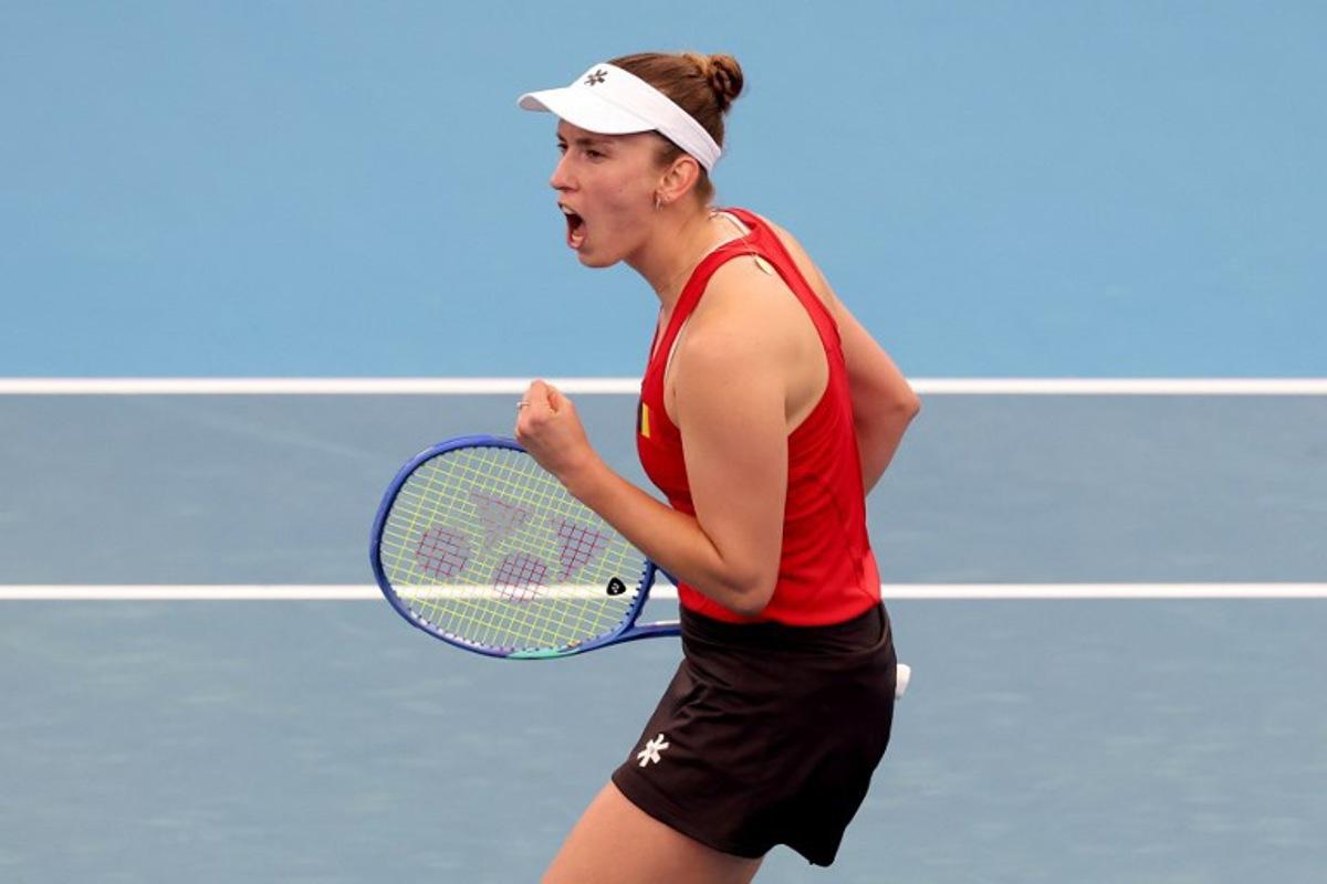 Belgium's Elise Mertens reacts after a point against China's Zhu Lin during their women's singles match at the United Cup tennis tournament on Ken Rosewall Arena in Sydney on January 3, 2026. DAVID GRAY / AFP