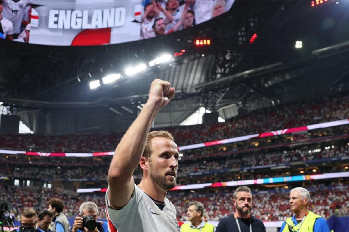 England's forward #09 Harry Kane celebrates after winning the 2026 World Cup round of 32 match football between England and the Democratic Republic of Congo at the Atlanta Stadium in Atlanta on July 1, 2026. Odd ANDERSEN / AFP