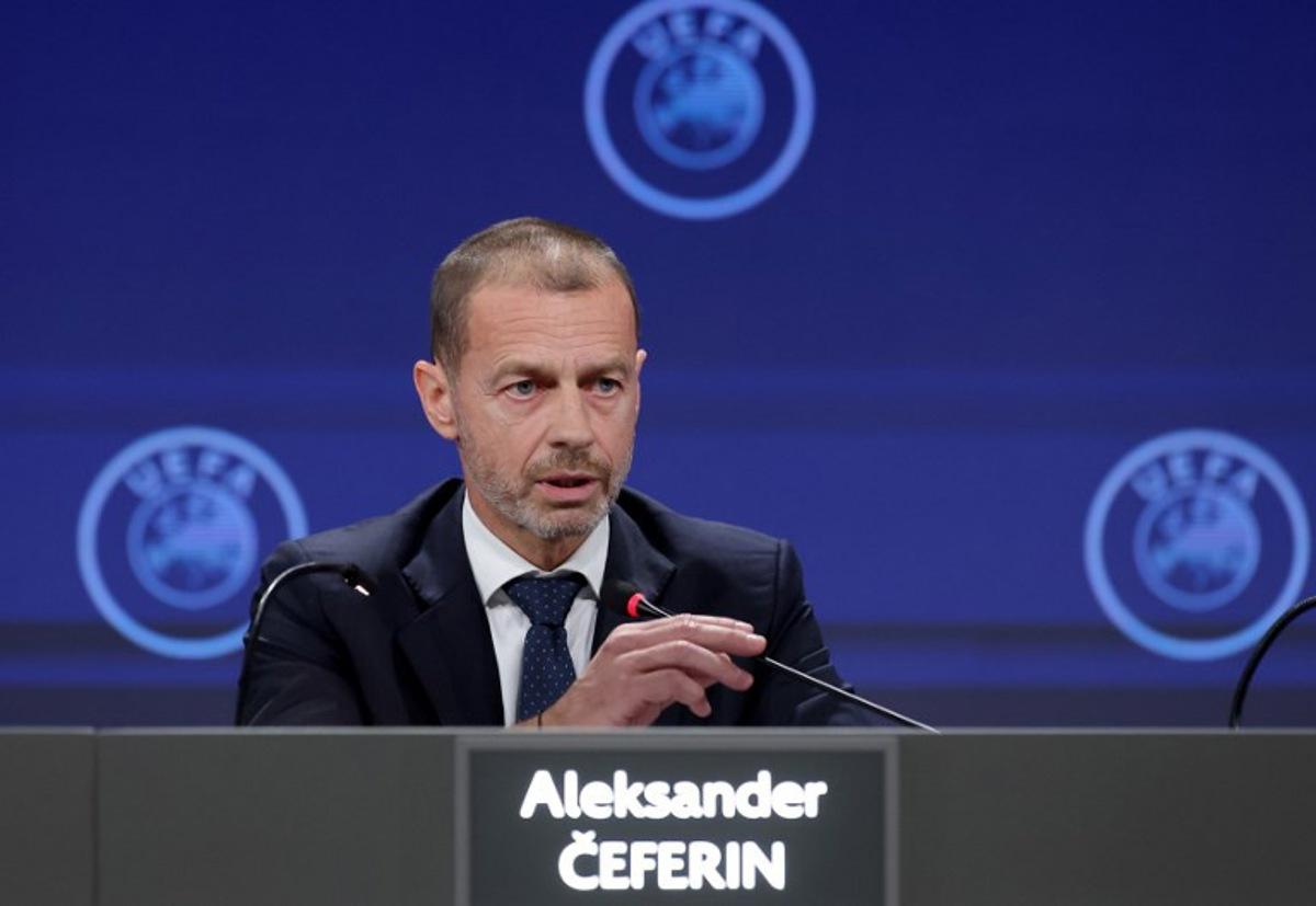 UEFA president Aleksander Ceferin speaks during a press conference after the 49th UEFA Ordinary Congress held at the Sava Centar congress centre in Belgrade on April 3, 2025. PREDRAG MILOSAVLJEVIC / AFP