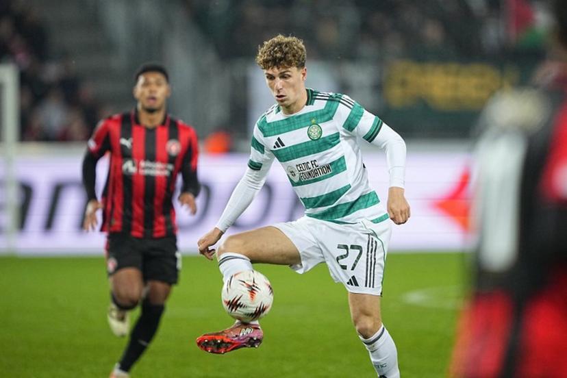 Celtic's Belgian midfielder #27 Arne Engels controls the ball during the UEFA Europa League football match between FC Midtjylland and Celtic FC in Herning, Denmark on November 6, 2025. Bo Amstrup / Ritzau Scanpix / AFP